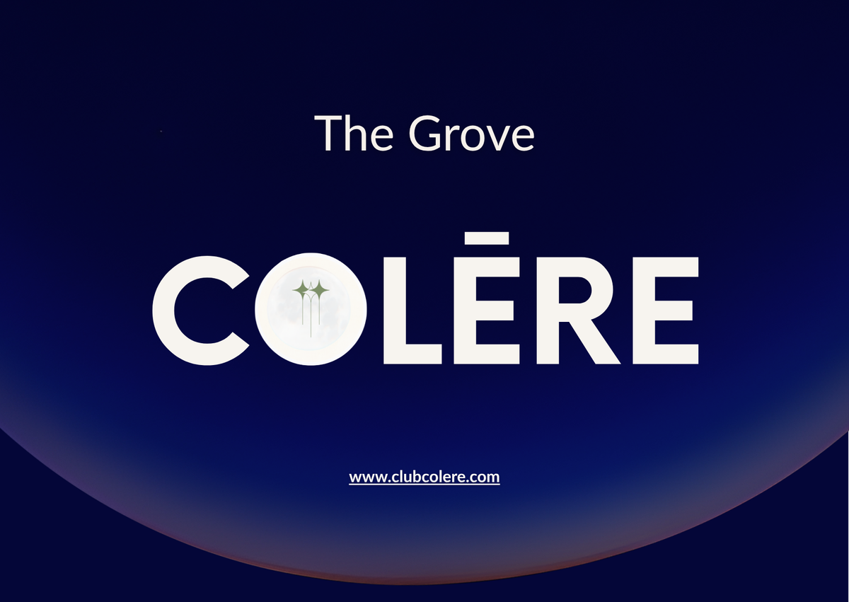 A dark blue graphic with the text 'The Grove' above large white 'COLĒRE' lettering and a small website URL near the bottom.