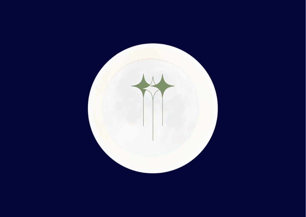 A white circular plate or platter centered on a dark navy background, featuring a green stylized three-leaf emblem printed in the middle.